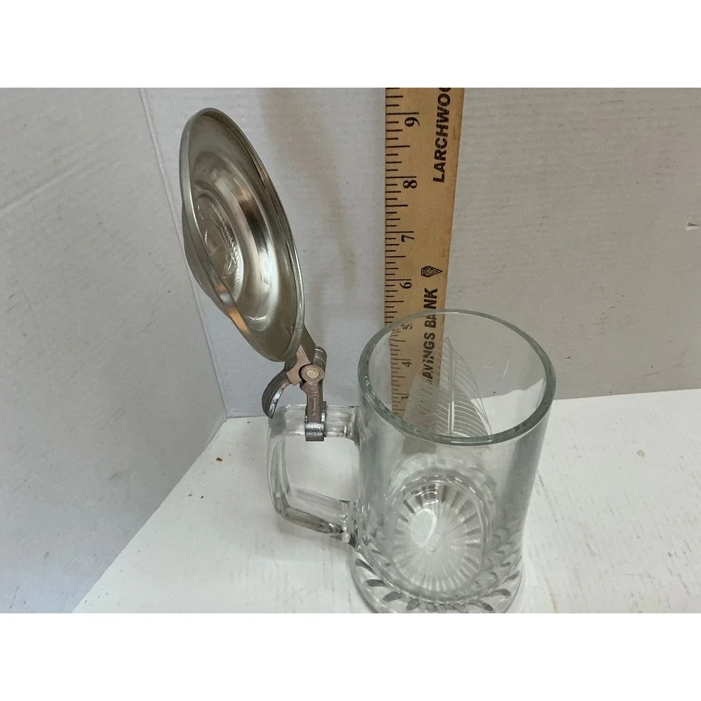 Vintage Glass Beer Stein Etched Columbia 1901 Sailboat Anchor Metal Lid Tankard